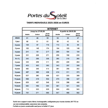 Tarifs Portes du Soleil